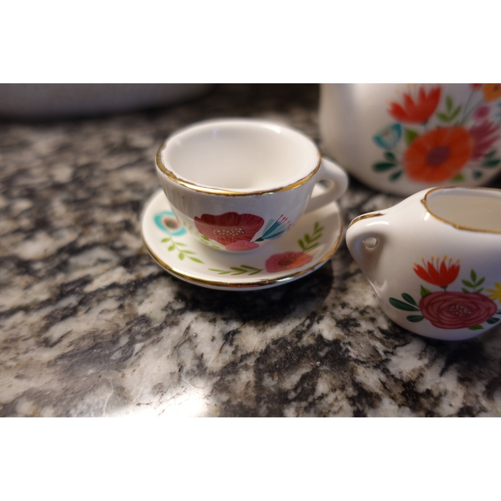 Ceramic Bright Stripes miniature tea set floral pretend playset - Picture 7 of 10